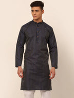 Jompers Men's Navy Blue Striped Pleated Chikankari Kurta Only | Grocsy
