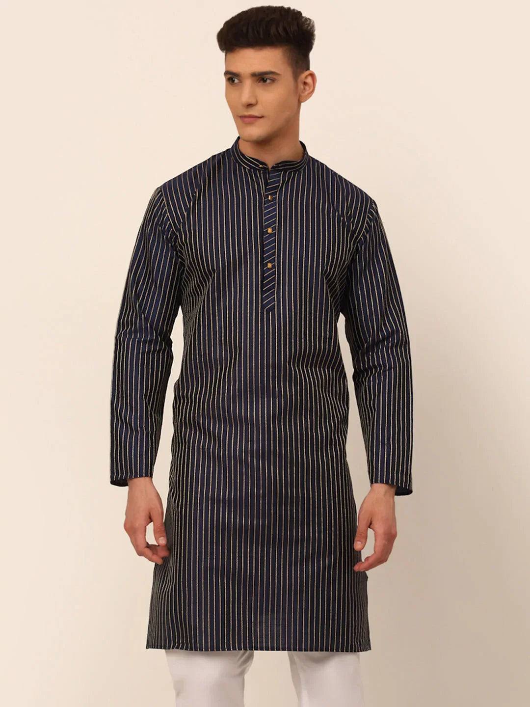 Jompers Men's Navy Blue Striped Pleated Chikankari Kurta Only | Grocsy