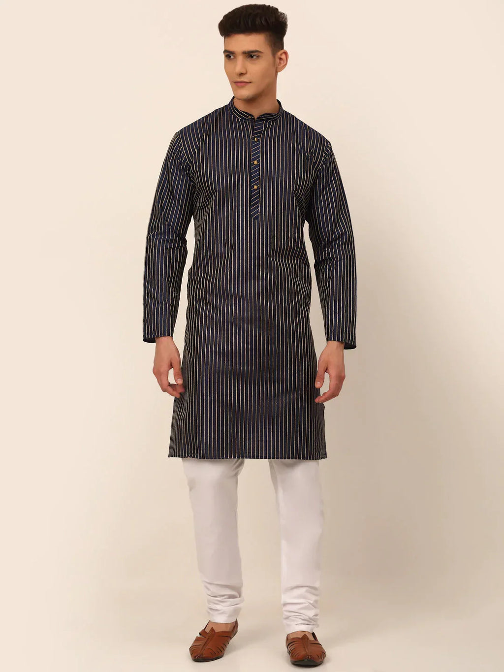 Jompers Men's Navy Blue Striped Pleated Chikankari Kurta pyjama Set | Grocsy