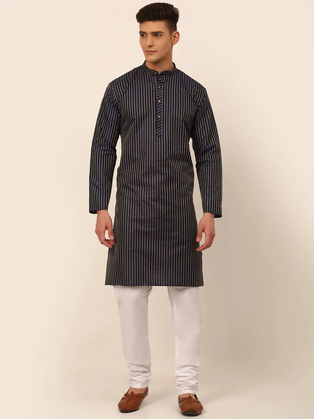 Jompers Men's Navy Blue Striped Pleated Chikankari Kurta pyjama Set | Grocsy