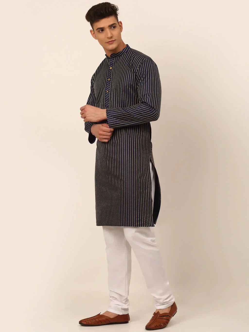 Jompers Men's Navy Blue Striped Pleated Chikankari Kurta pyjama Set | Grocsy