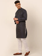 Jompers Men's Navy Blue Striped Pleated Chikankari Kurta pyjama Set | Grocsy