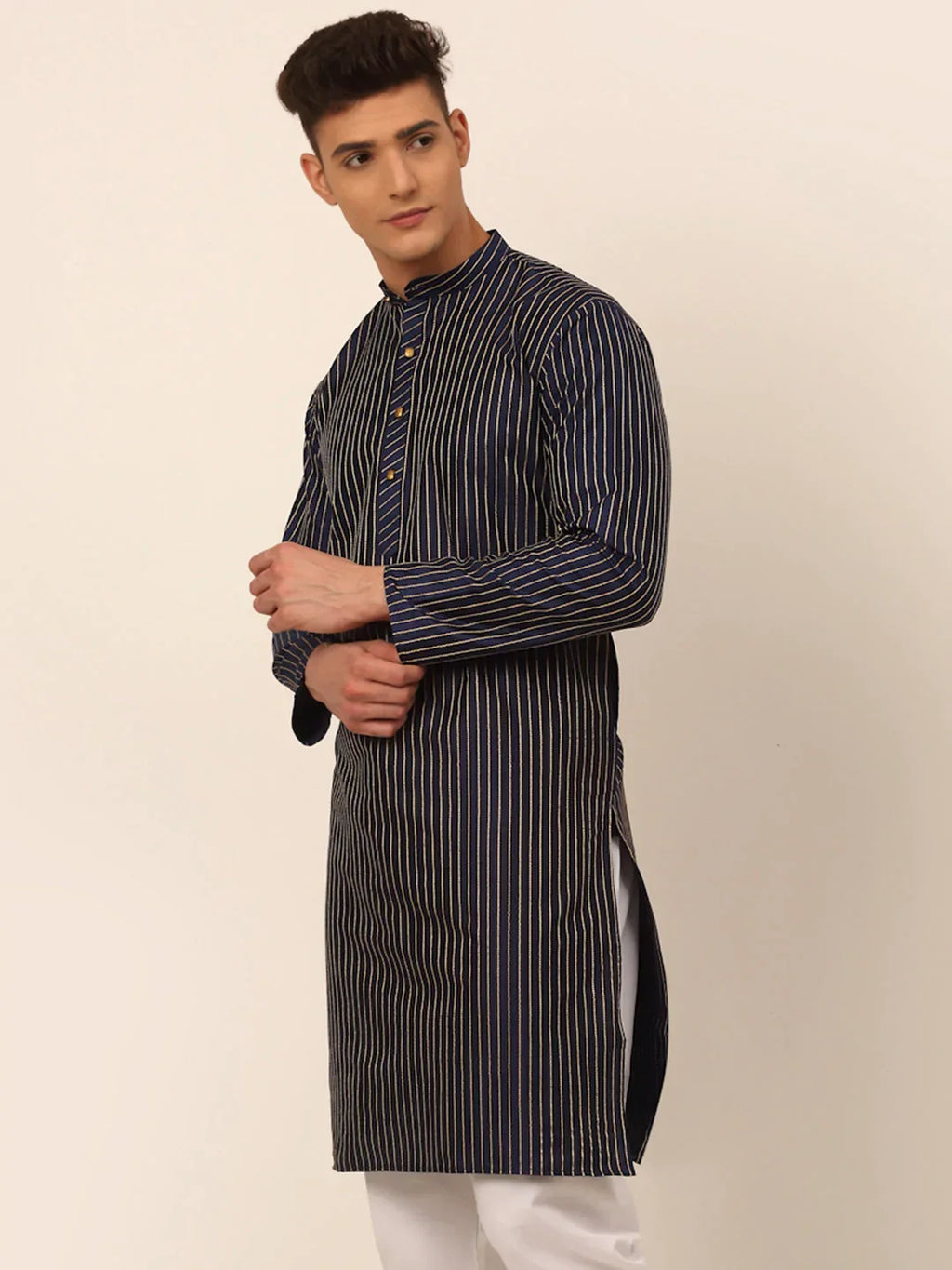 Jompers Men's Navy Blue Striped Pleated Chikankari Kurta Only | Grocsy