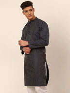 Jompers Men's Navy Blue Striped Pleated Chikankari Kurta Only | Grocsy