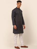 Jompers Men's Navy Blue Striped Pleated Chikankari Kurta pyjama Set | Grocsy