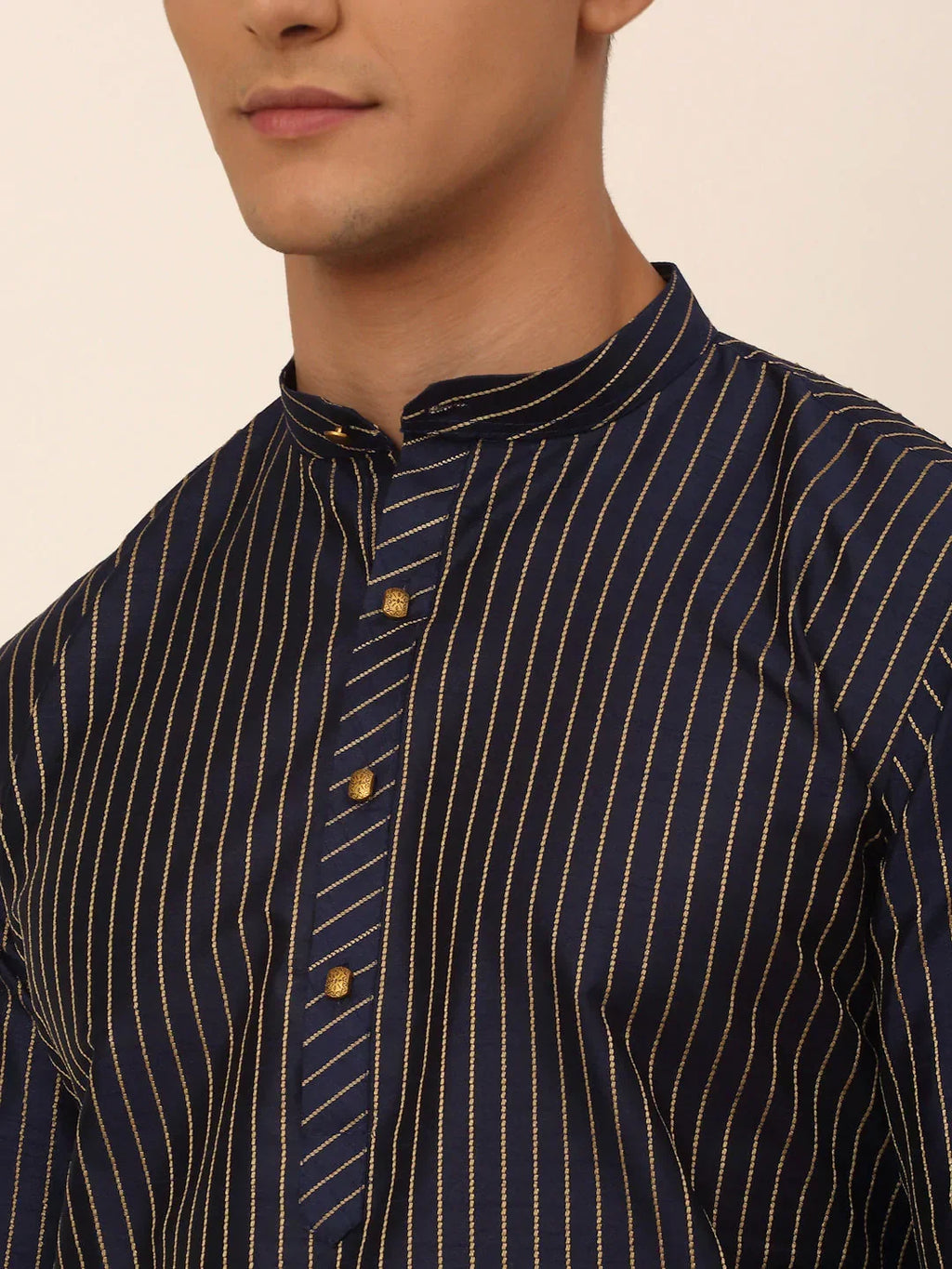 Jompers Men's Navy Blue Striped Pleated Chikankari Kurta pyjama Set | Grocsy