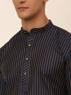 Jompers Men's Navy Blue Striped Pleated Chikankari Kurta pyjama Set | Grocsy