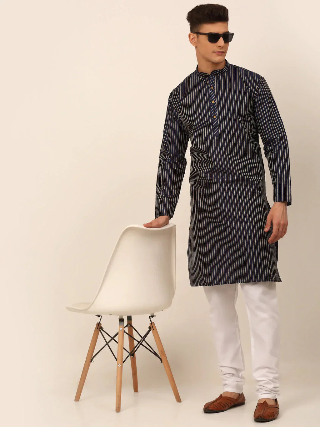 Jompers Men's Navy Blue Striped Pleated Chikankari Kurta pyjama Set | Grocsy