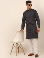 Jompers Men's Navy Blue Striped Pleated Chikankari Kurta Only | Grocsy