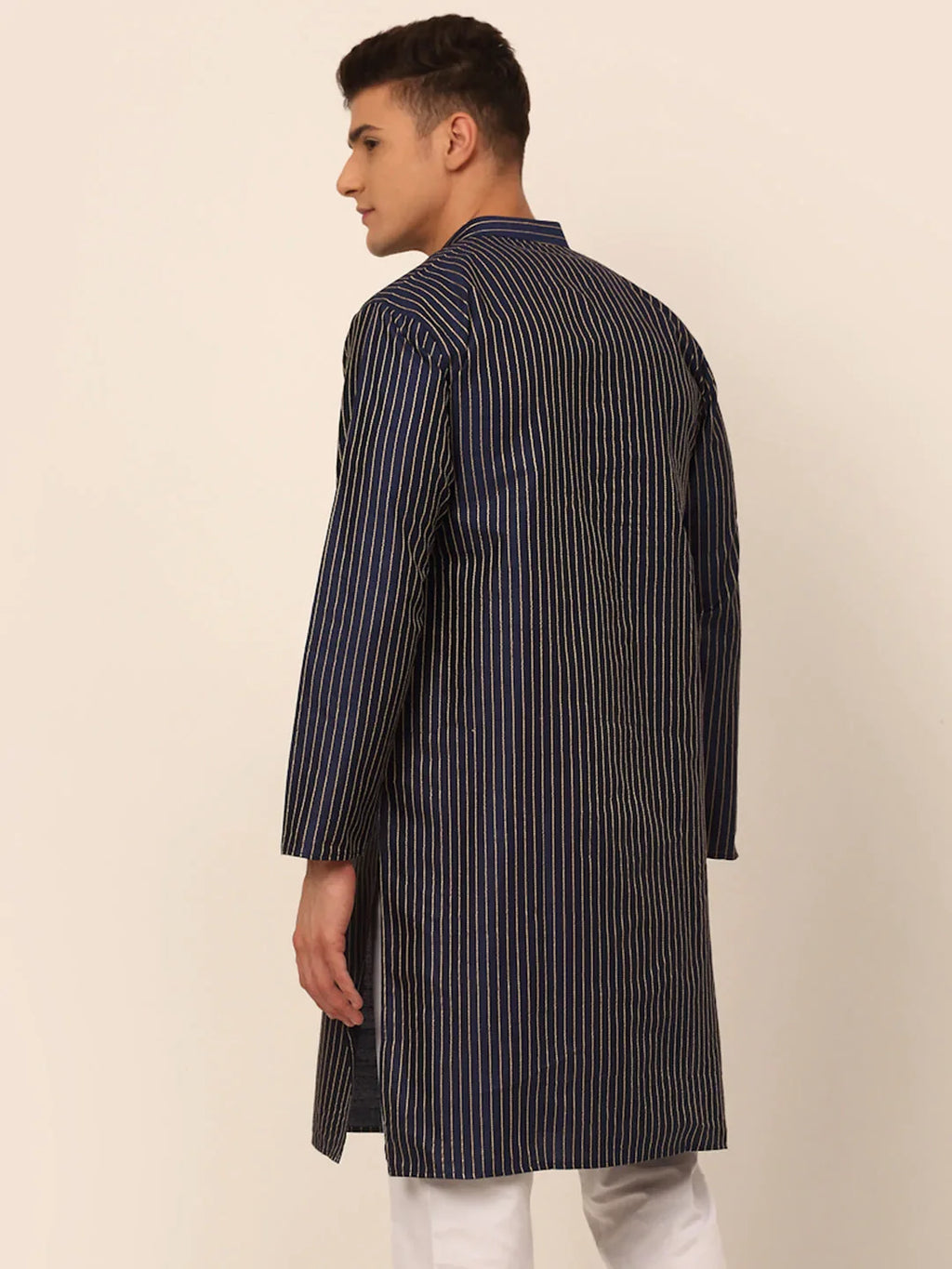 Jompers Men's Navy Blue Striped Pleated Chikankari Kurta Only | Grocsy