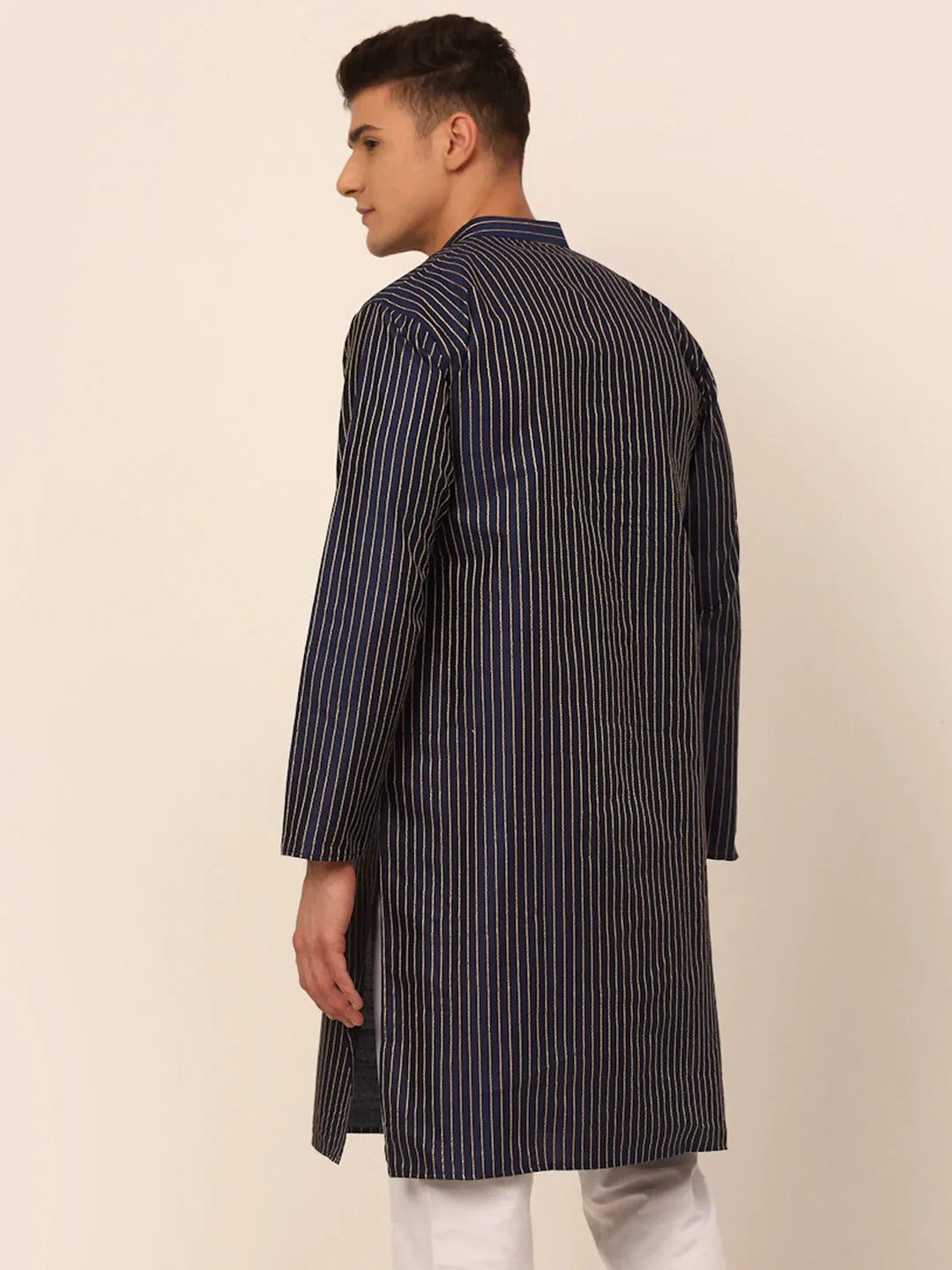 Jompers Men's Navy Blue Striped Pleated Chikankari Kurta Only | Grocsy