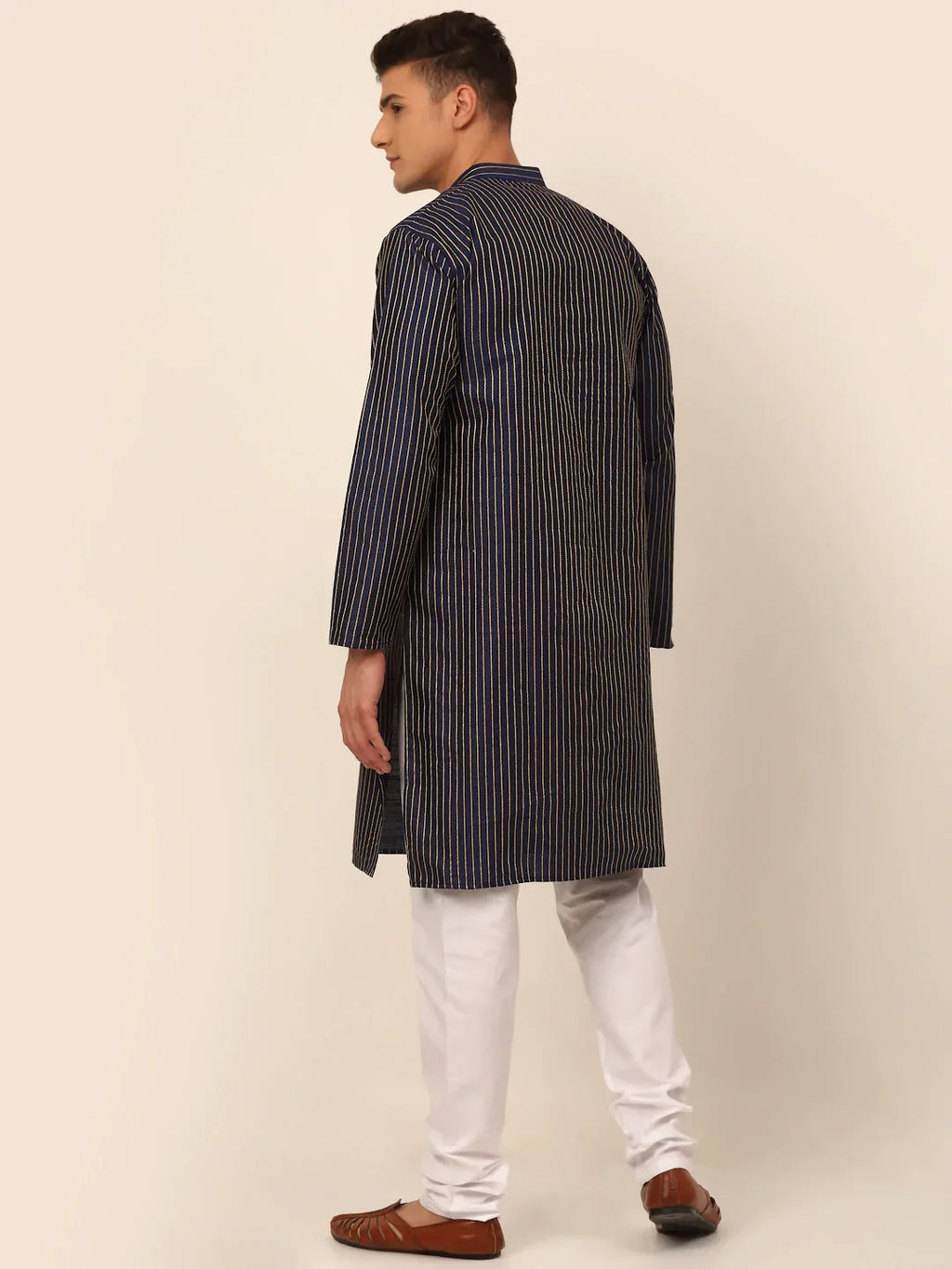 Jompers Men's Navy Blue Striped Pleated Chikankari Kurta pyjama Set | Grocsy