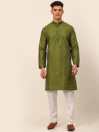 Jompers Men's Olive Green Striped Pleated Chikankari Kurta pyjama Set | Grocsy