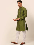 Jompers Men's Olive Green Striped Pleated Chikankari Kurta pyjama Set | Grocsy
