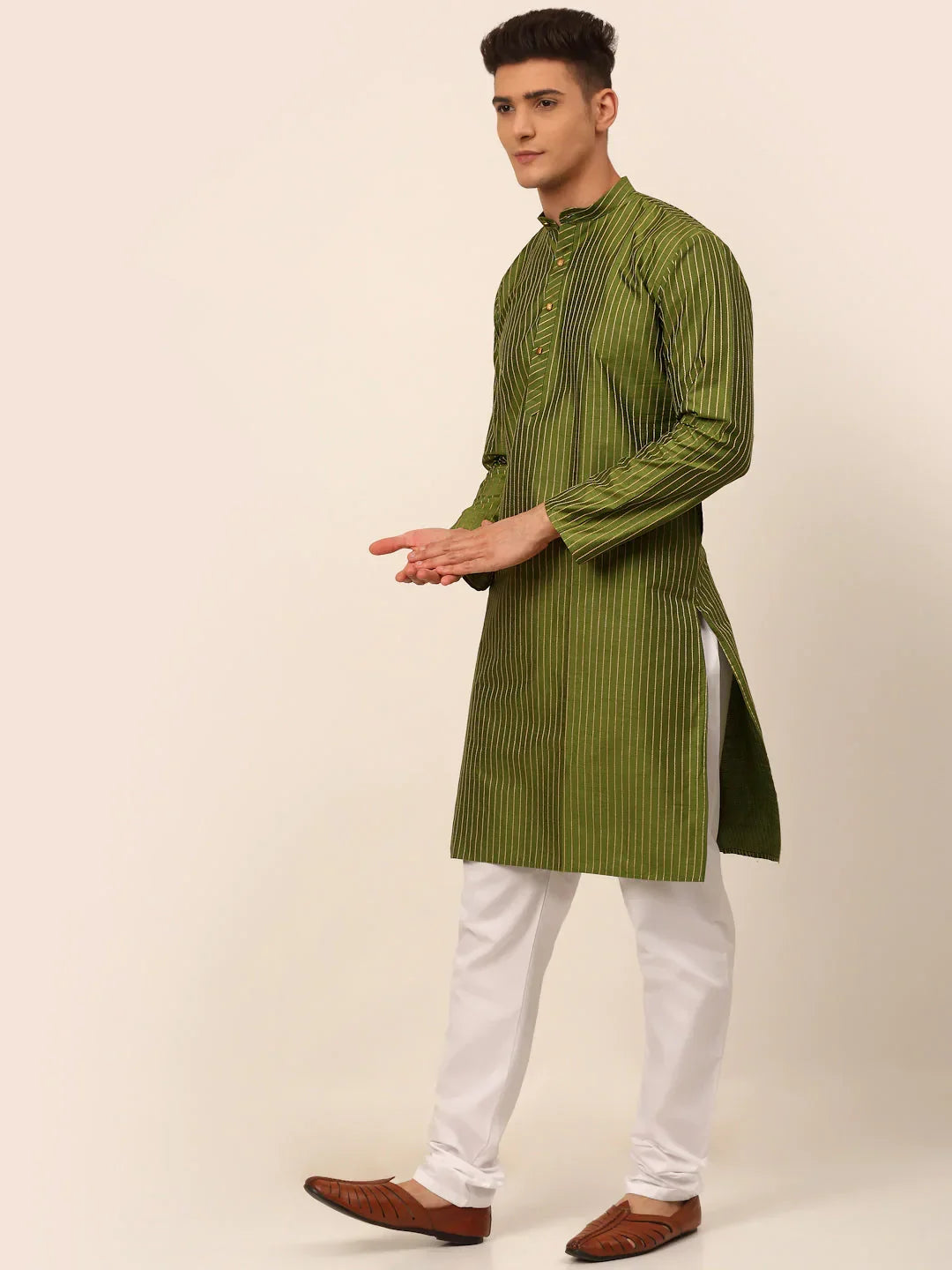Jompers Men's Olive Green Striped Pleated Chikankari Kurta pyjama Set | Grocsy