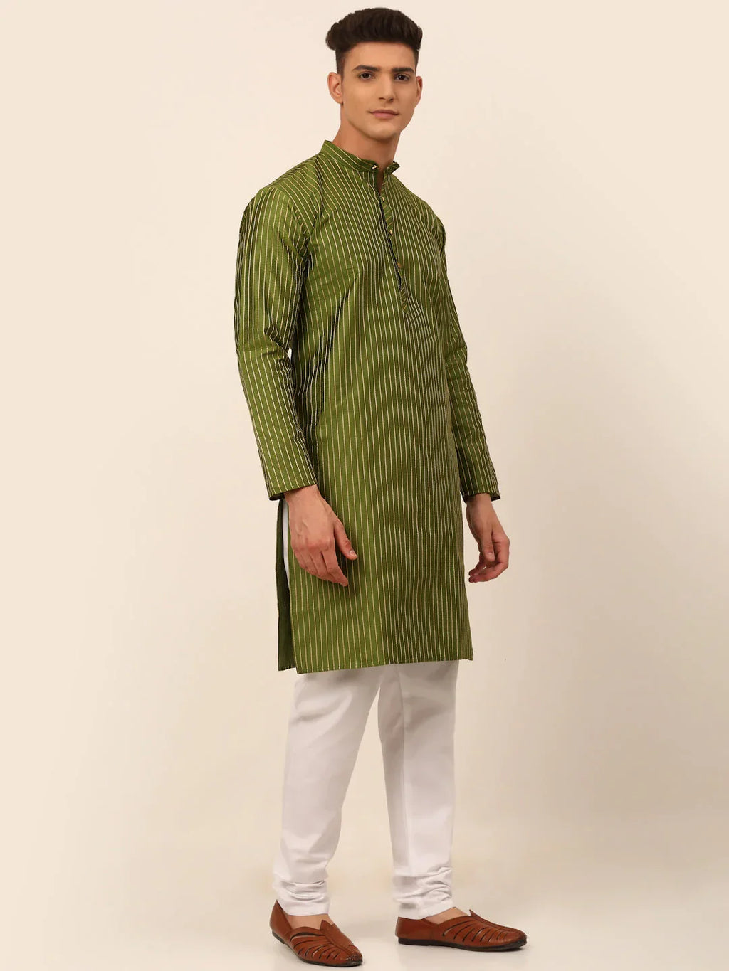 Jompers Men's Olive Green Striped Pleated Chikankari Kurta pyjama Set | Grocsy