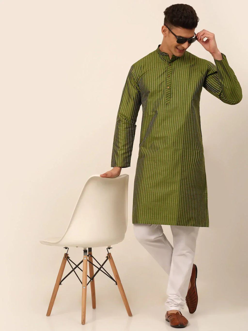 Jompers Men's Olive Green Striped Pleated Chikankari Kurta pyjama Set | Grocsy