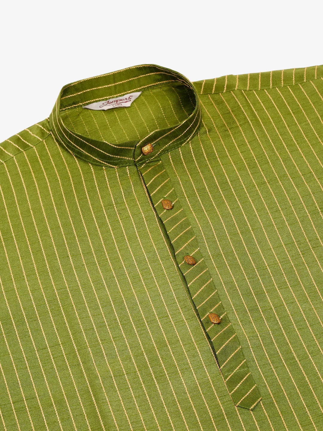 Jompers Men's Olive Green Striped Pleated Chikankari Kurta pyjama Set | Grocsy