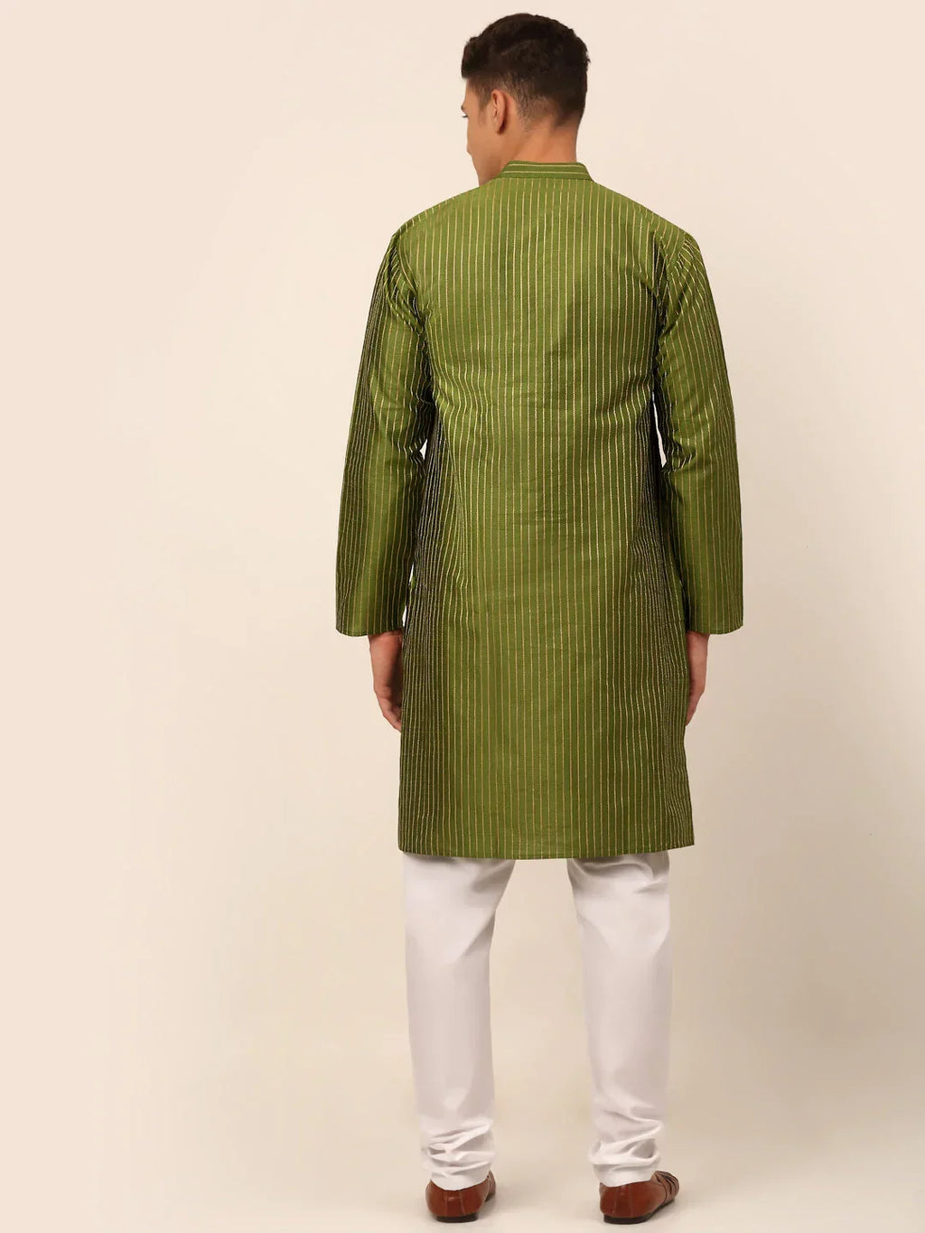 Jompers Men's Olive Green Striped Pleated Chikankari Kurta pyjama Set | Grocsy