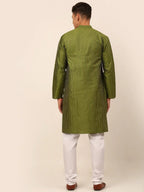 Jompers Men's Olive Green Striped Pleated Chikankari Kurta pyjama Set | Grocsy