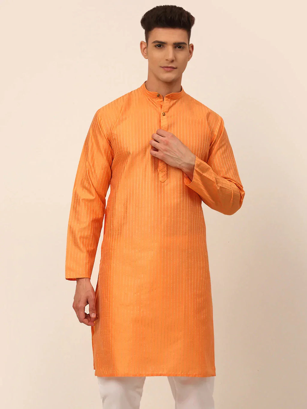 Jompers Men's Peach Striped Pleated Chikankari Kurta Only | Grocsy