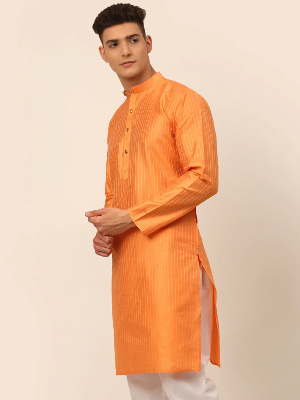 Jompers Men's Peach Striped Pleated Chikankari Kurta Only | Grocsy