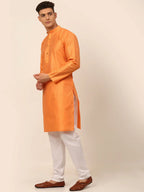 Jompers Men's Peach Striped Pleated Chikankari Kurta pyjama Set | Grocsy