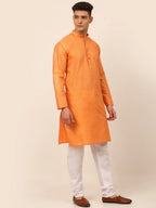 Jompers Men's Peach Striped Pleated Chikankari Kurta pyjama Set | Grocsy