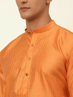Jompers Men's Peach Striped Pleated Chikankari Kurta Only | Grocsy
