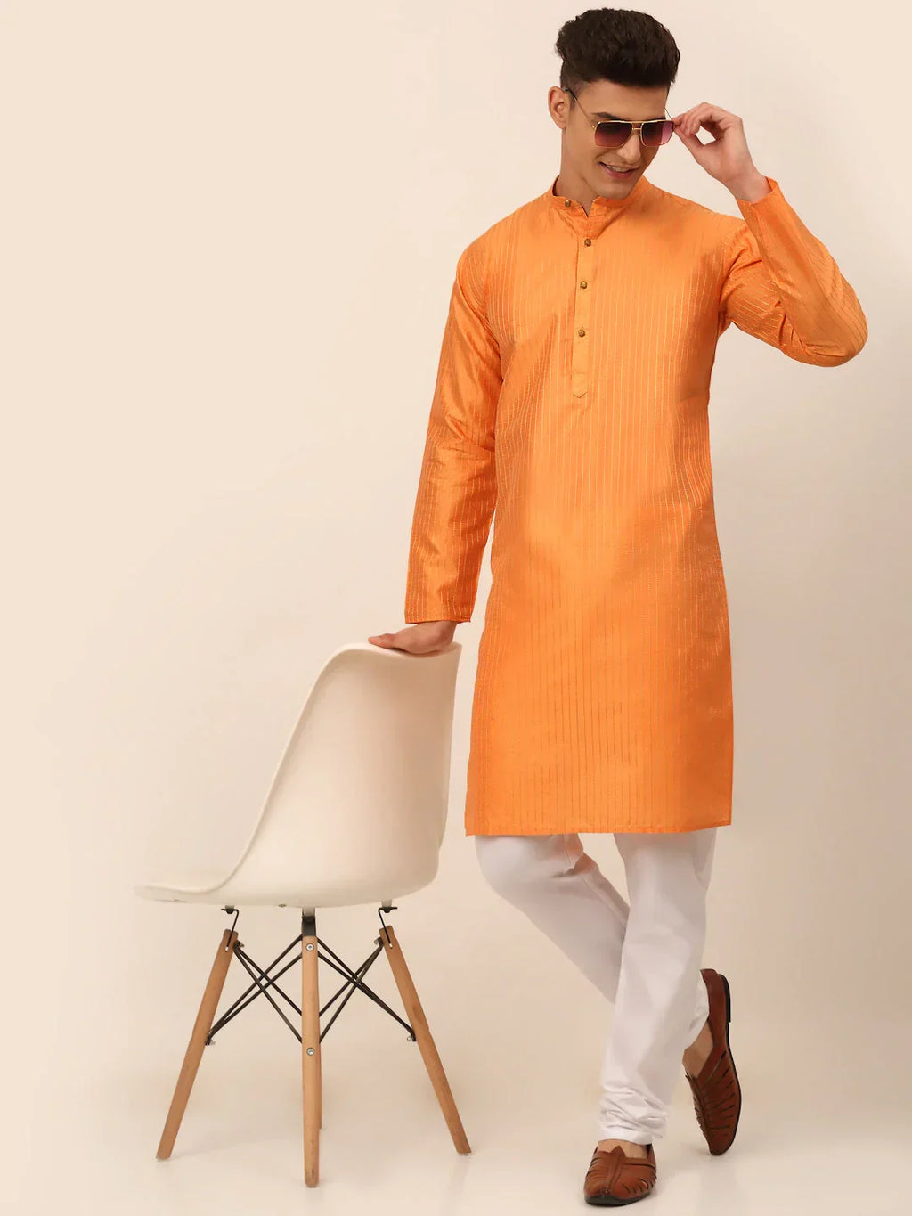 Jompers Men's Peach Striped Pleated Chikankari Kurta pyjama Set | Grocsy