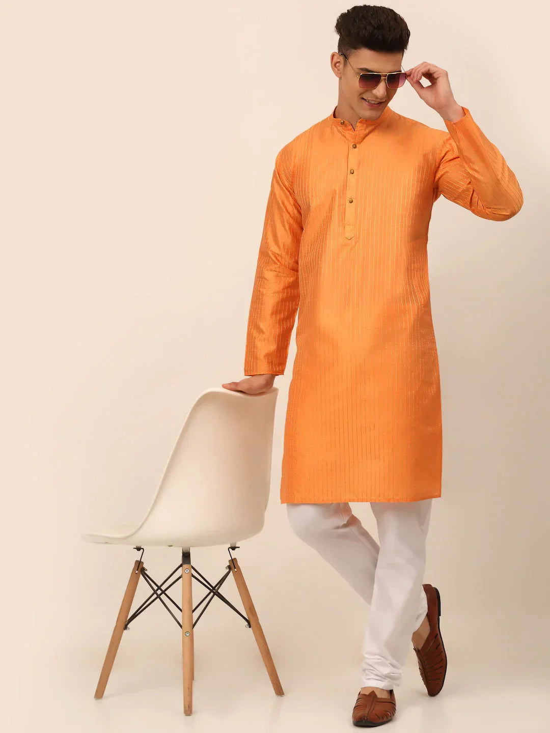 Jompers Men's Peach Striped Pleated Chikankari Kurta Only | Grocsy