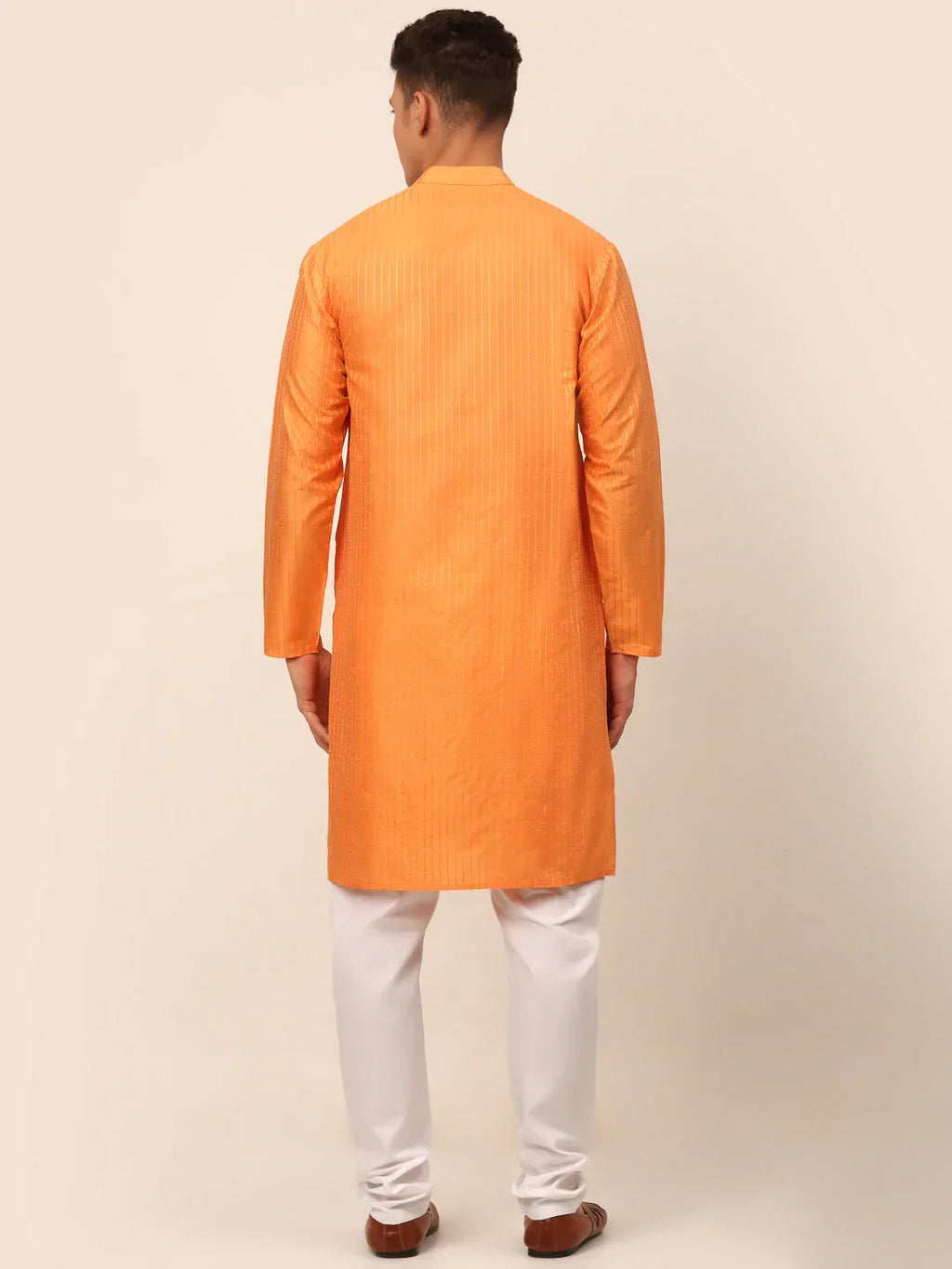 Jompers Men's Peach Striped Pleated Chikankari Kurta pyjama Set | Grocsy