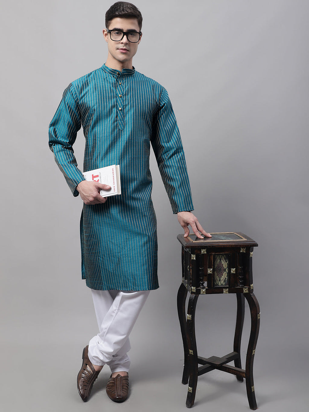 Jompers Men's Peacock Blue Embroidered Design Kurta with Pyjamas | Grocsy