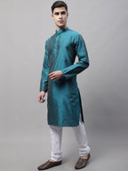 Jompers Men's Peacock Blue Embroidered Design Kurta with Pyjamas | Grocsy