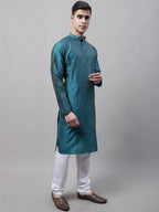 Jompers Men's Peacock Blue Embroidered Design Kurta with Pyjamas | Grocsy