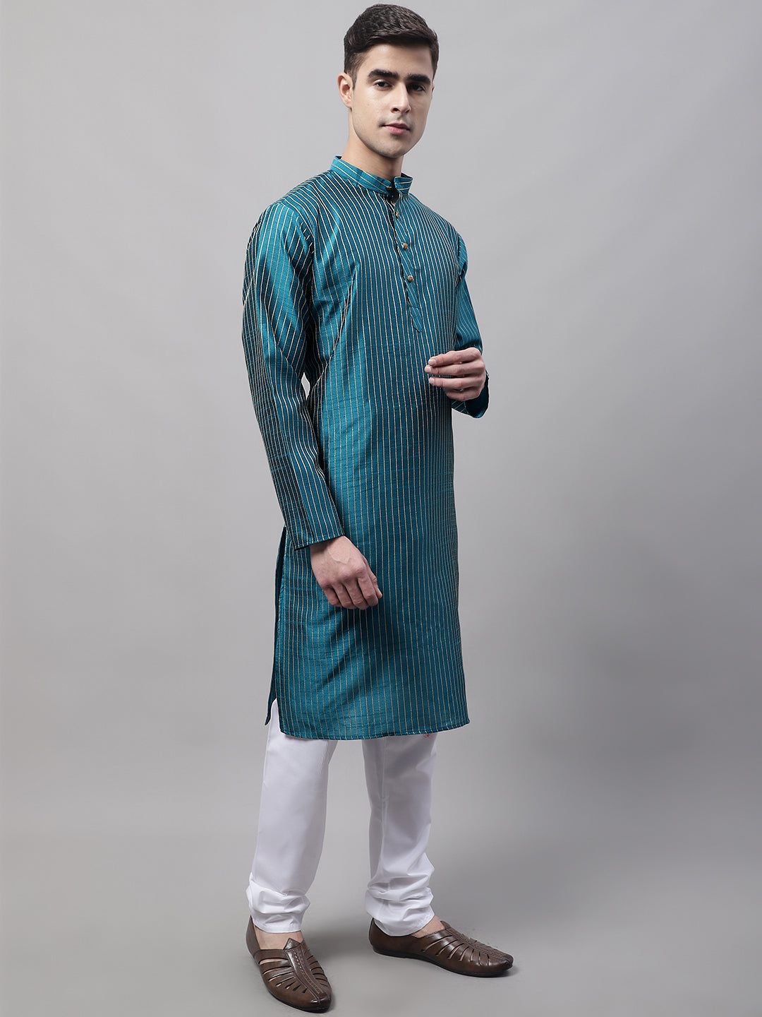 Jompers Men's Peacock Blue Embroidered Design Kurta with Pyjamas | Grocsy