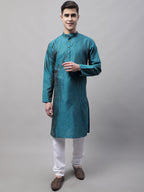 Jompers Men's Peacock Blue Embroidered Design Kurta with Pyjamas | Grocsy