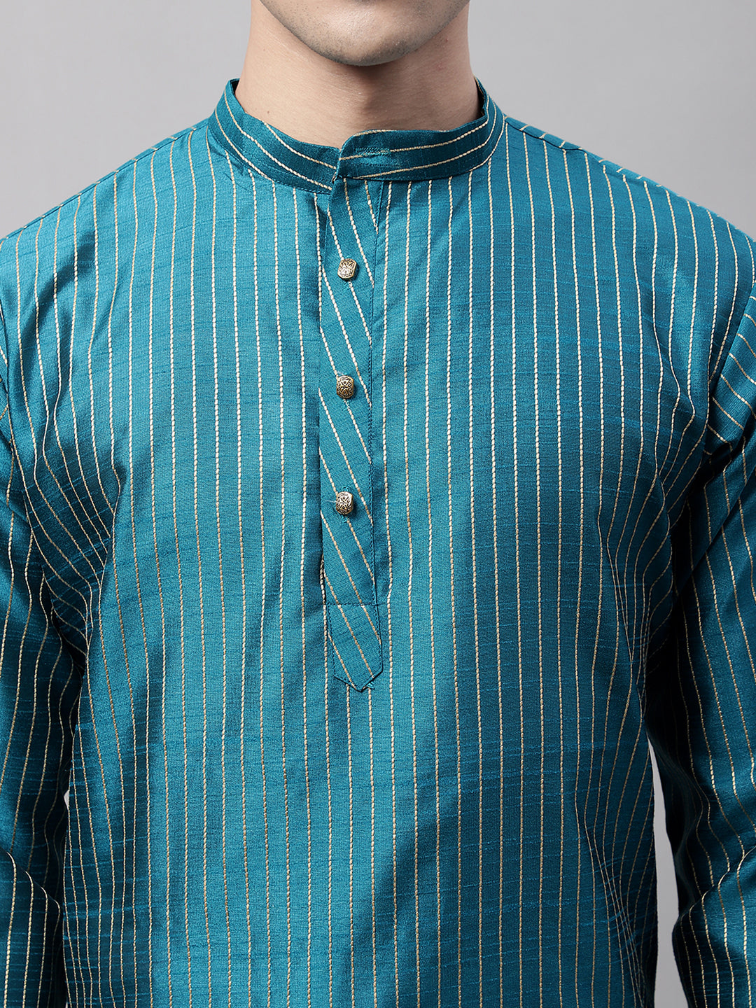 Jompers Men's Peacock Blue Embroidered Design Kurta with Pyjamas | Grocsy