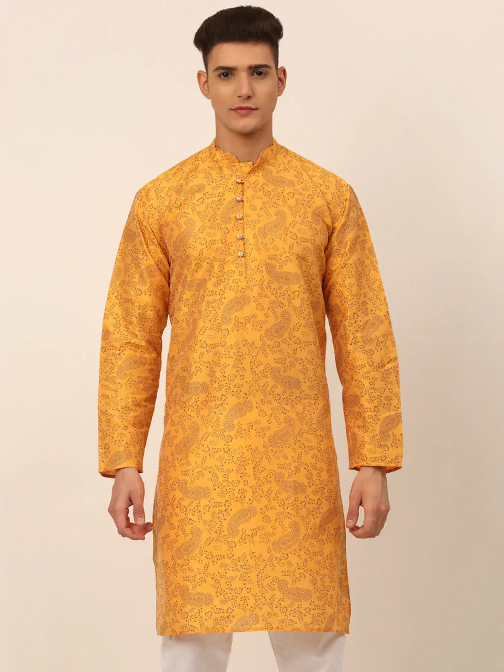 Jompers Men's Mustard Paisley Printed Kurta Only | Grocsy