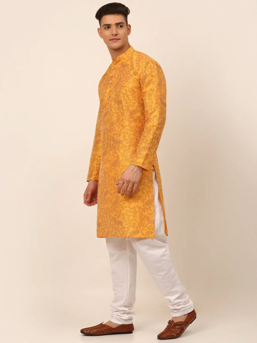 Jompers Men's Mustard Paisley Printed Kurta with Pyjama | Grocsy