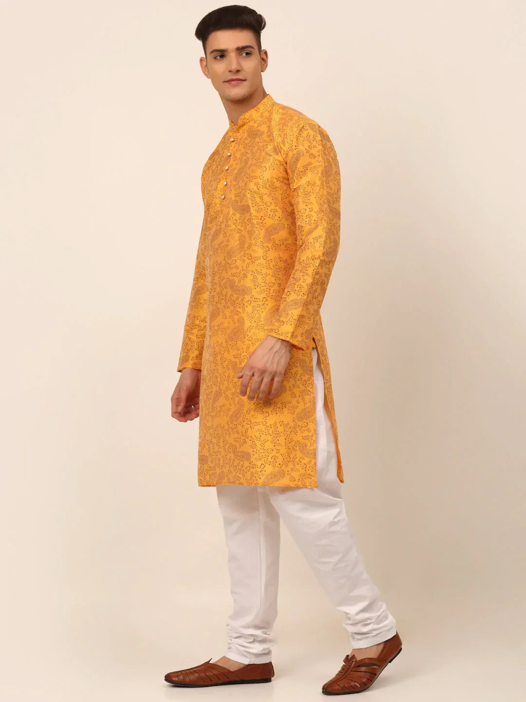 Jompers Men's Mustard Paisley Printed Kurta with Pyjama | Grocsy