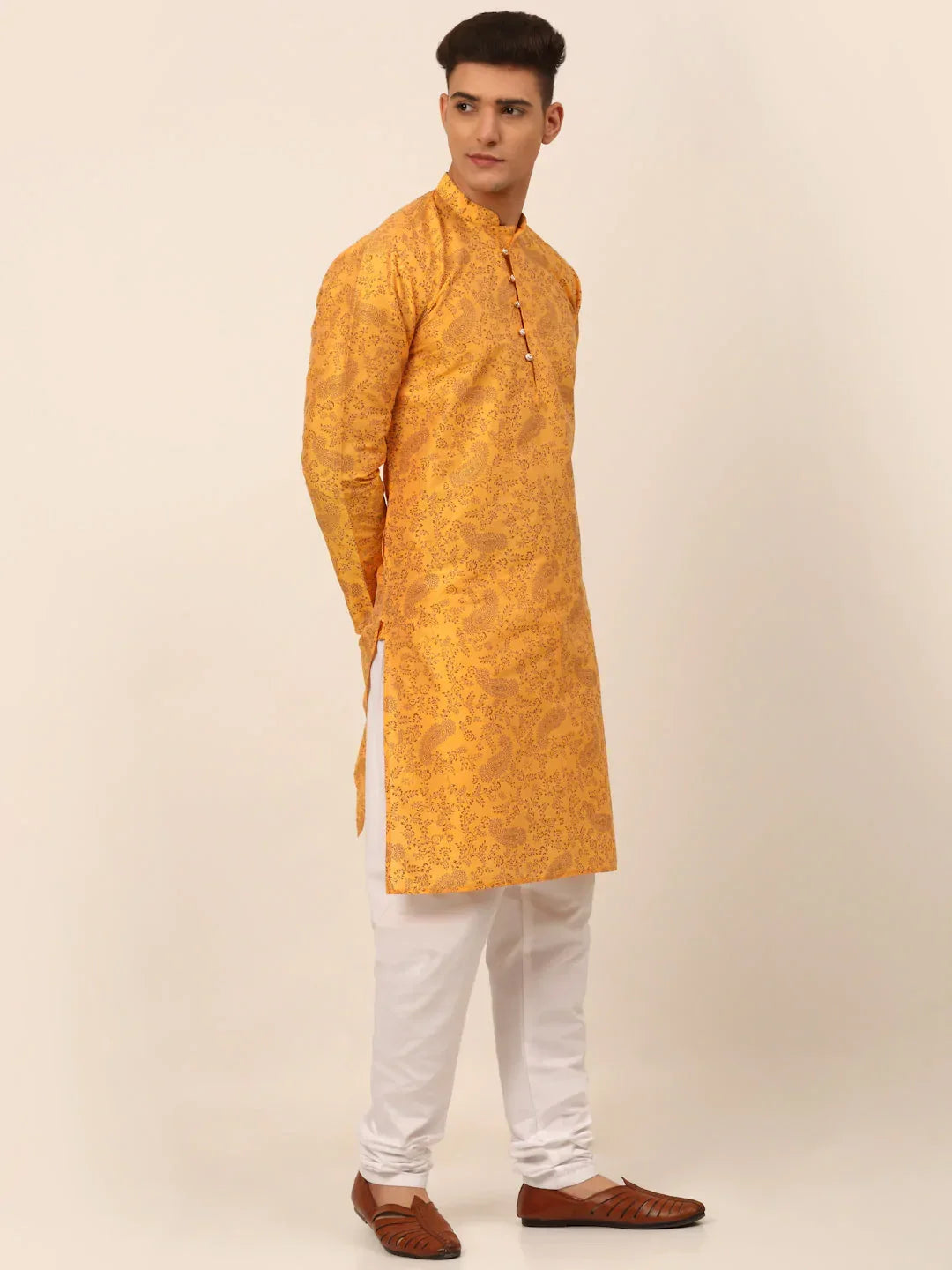 Jompers Men's Mustard Paisley Printed Kurta with Pyjama | Grocsy