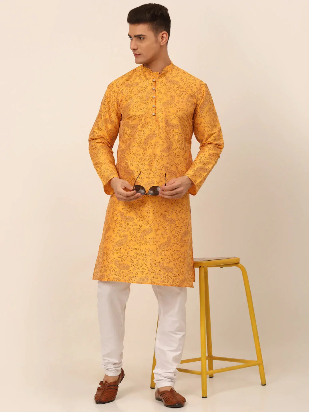 Jompers Men's Mustard Paisley Printed Kurta Only | Grocsy