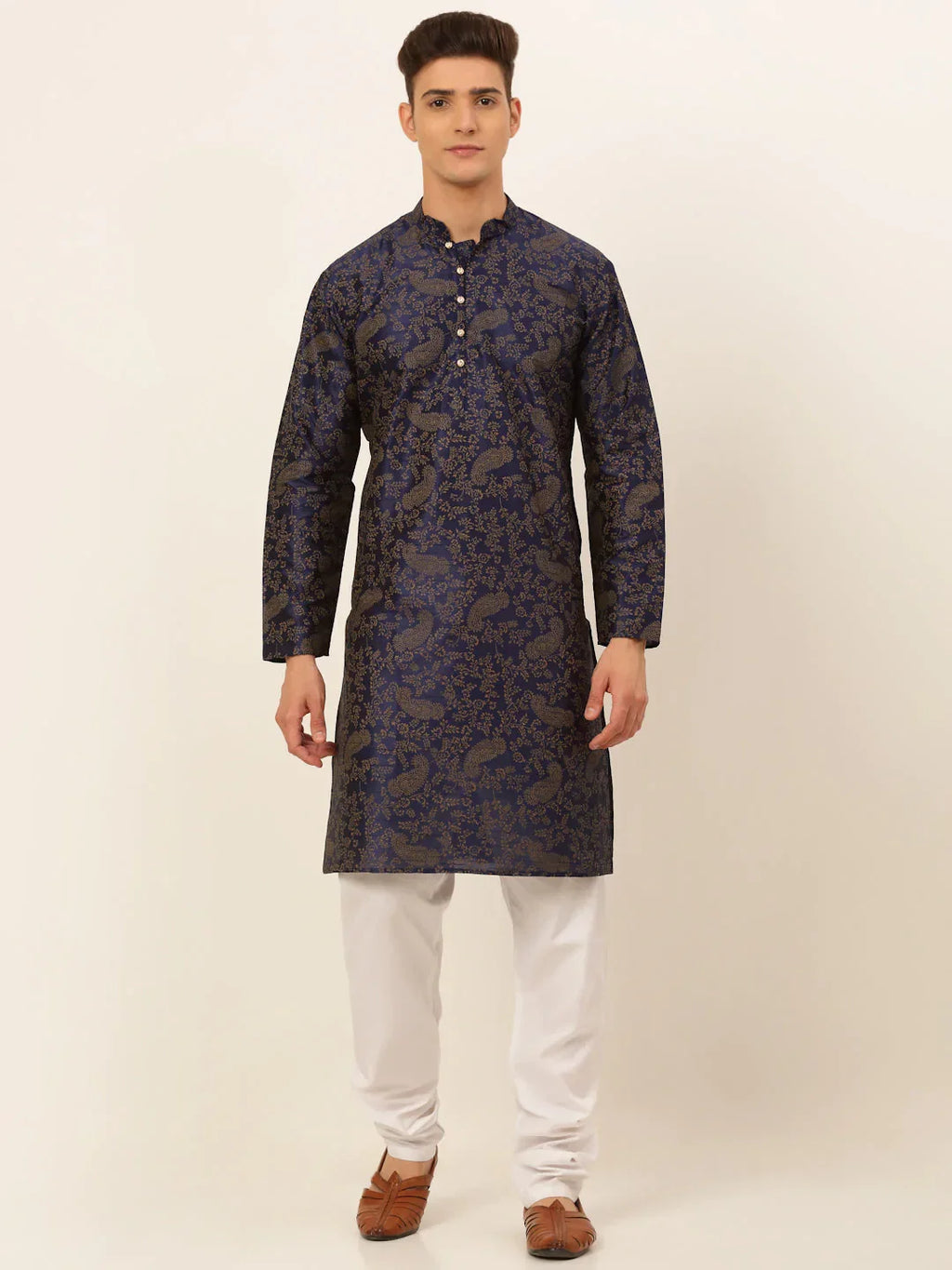 Jompers Men's Navy Blue Paisley Printed Kurta with Pyjama | Grocsy