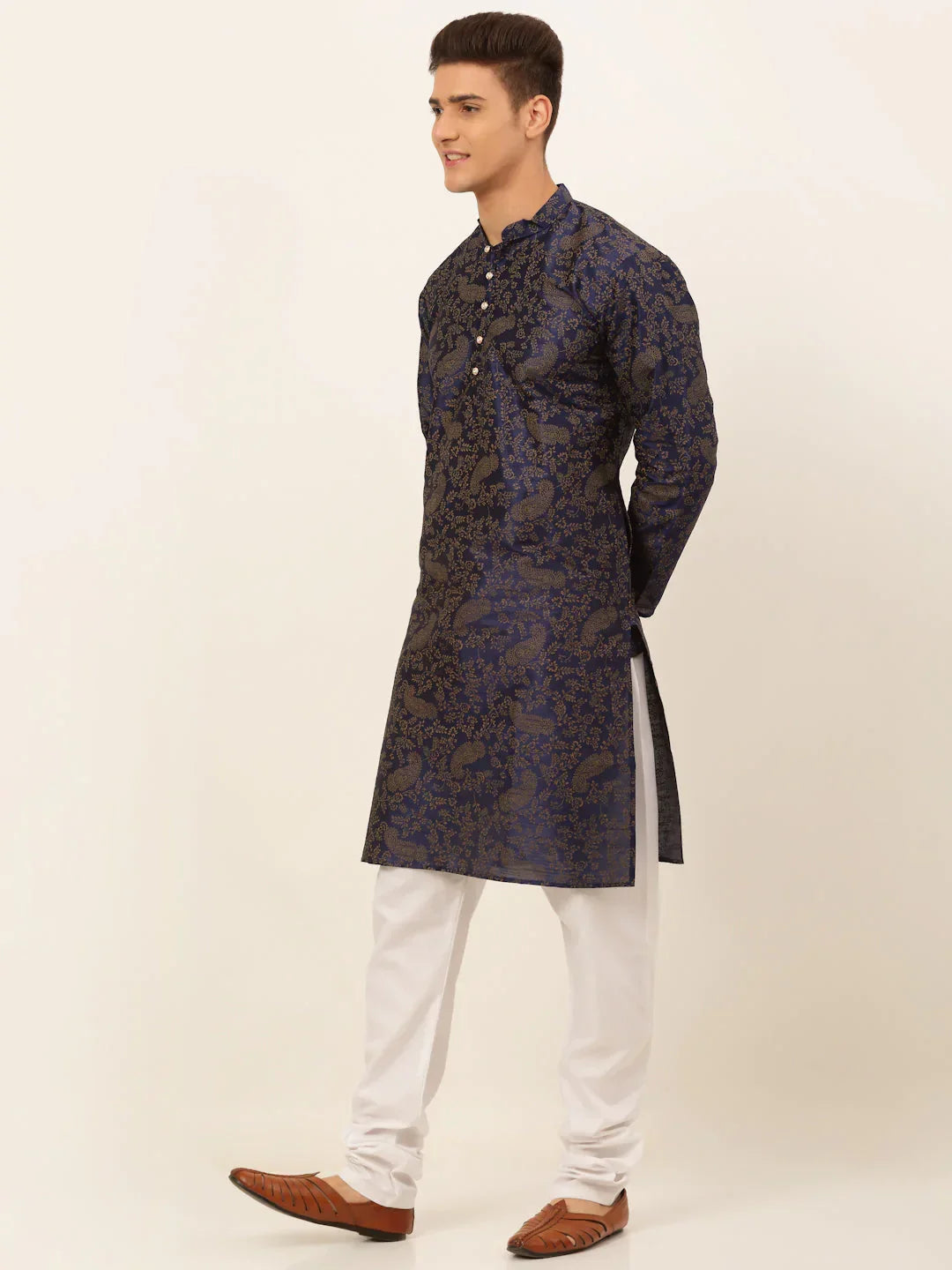 Jompers Men's Navy Blue Paisley Printed Kurta with Pyjama | Grocsy