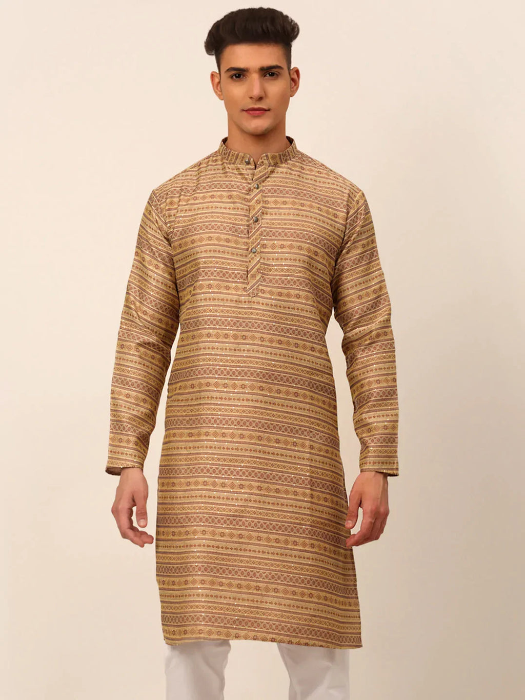 Jompers Men's Printed Sequinned Kurta Only - Brown | Grocsy