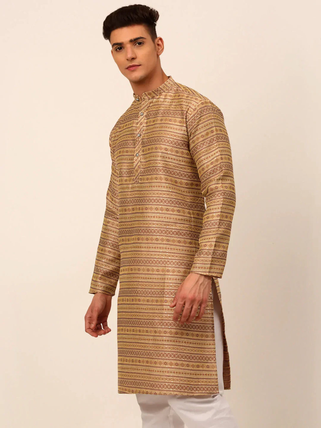 Jompers Men's Printed Sequinned Kurta Only - Brown | Grocsy