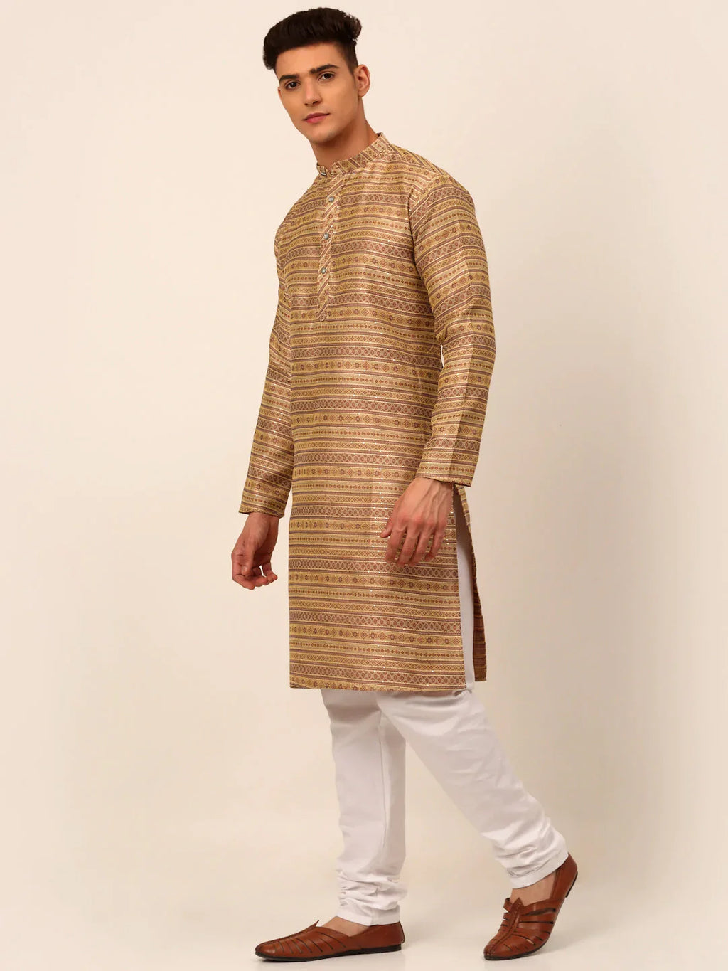 Jompers Men's Sequinned Kurta with Churidar - Brown | Grocsy
