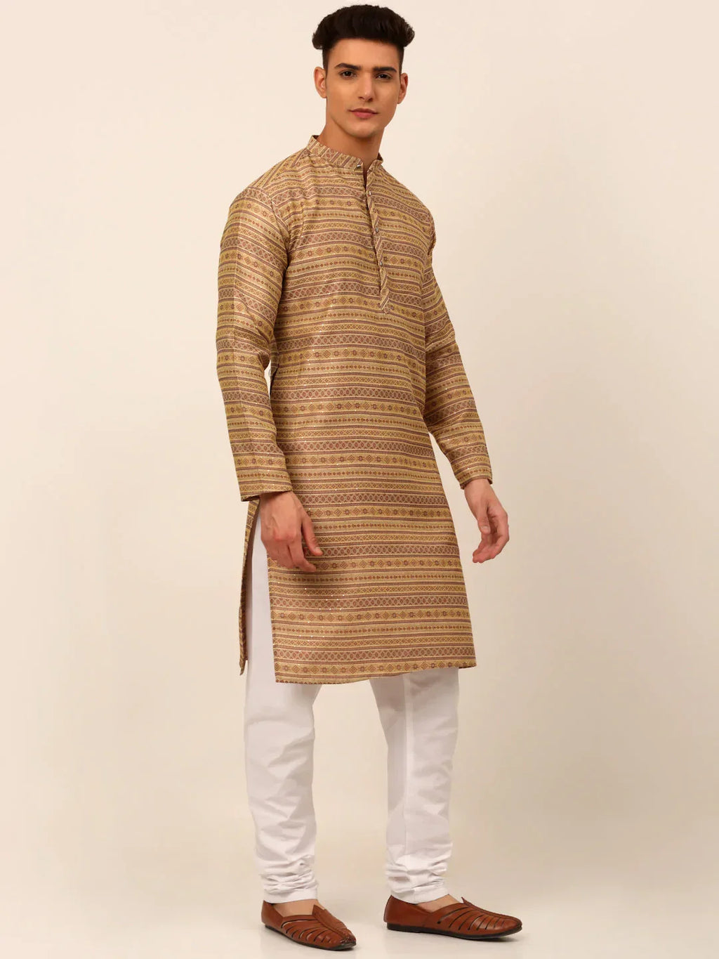 Jompers Men's Printed Sequinned Kurta Only - Brown | Grocsy