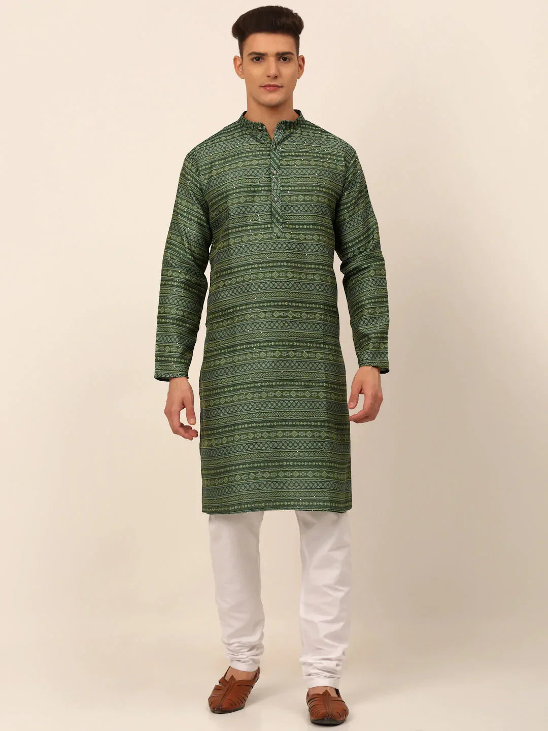 Jompers Men's Sequinned Kurta with Churidar - Green | Grocsy